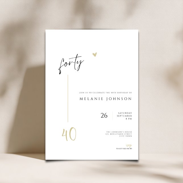 Minimal handskriven 40-års födelsedagsinbjudan inbjudningar (Minimal Modern 40th Birthday invitation with handwritten typography,)