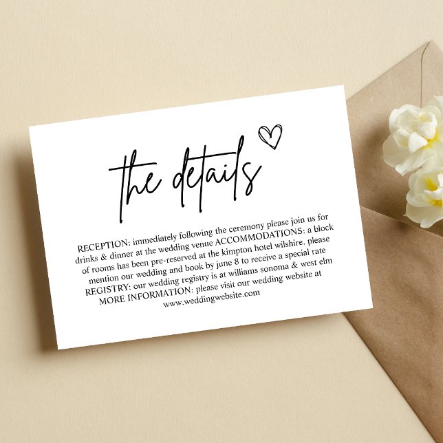 Minimal handskriven tilläggskort för bröllop inbjudningar (Minimal handwritten script enclosure card shares wedding details with a clean, personal touch.)