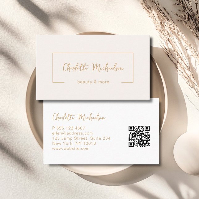 Minimal Handwriting Beige QR Code Visitkort (Minimal Handwriting Beige QR Code Business Card)