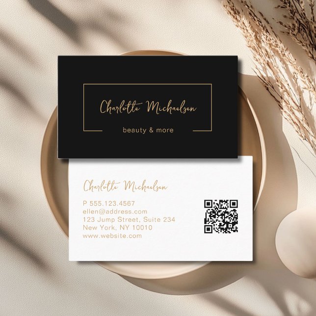Minimal Handwriting Black QR Code Visitkort (Minimal Handwriting Black QR Code Business Card)