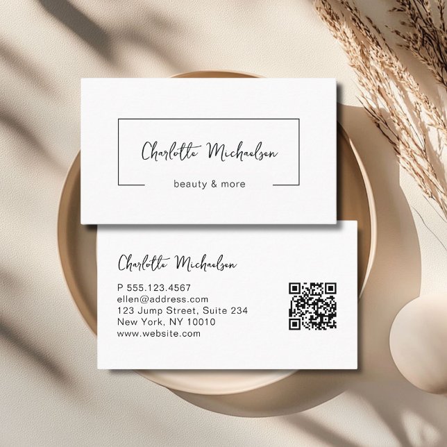 Minimal Handwriting White QR Code Visitkort (Minimal Handwriting White QR Code Business Card)
