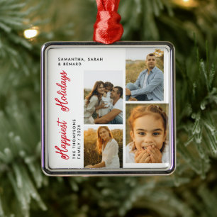 Minimal Happiest Holidays Script Familj 4 Bilder Julgransprydnad Metall