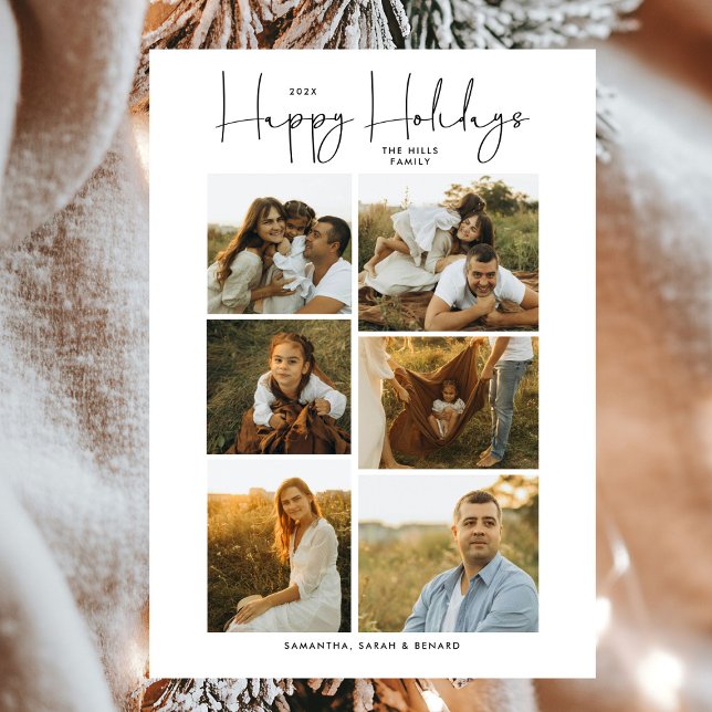 Minimal Happy Holidays Script Family 6 Photos Julkort (Skapare uppladdad)