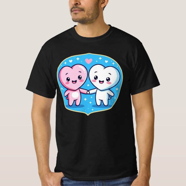 Minimal Heart Mascots Holding Hands T Shirt (Framsida)
