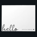 Minimal Hej | Modern Hjärtren, enkel vit Anteckningsblock<br><div class="desc">En minimal utformning av anteckningsblocket med ett handskrivet skript med stor typografisk citattecken "hej" i snyggt parad med ditt eget namn och ett enkelt svart hjärta. Designad i ett modernt ministiskt stil i rent svart och vitt. Perfektens personlig-gåva eller tillbehör när som helst på året!</div>