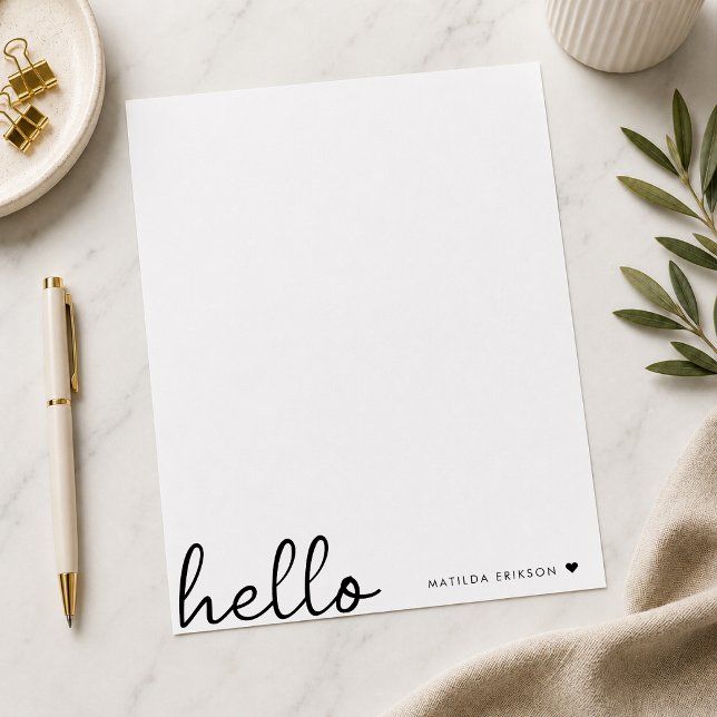 Minimal Hej | Modern Hjärtren, enkel vit Brevhuvud (Personalized hello letterhead with custom name detail for notes and thank you letters.)