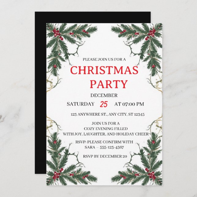 Minimal Holiday Greenery Party Invitation Inbjudningar (Fram/baksida)