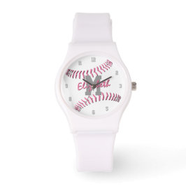minimal idrottslig rosa grått-vit monogramsoftboll armbandsur