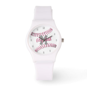 minimal idrottslig rosa grått-vit monogramsoftboll armbandsur