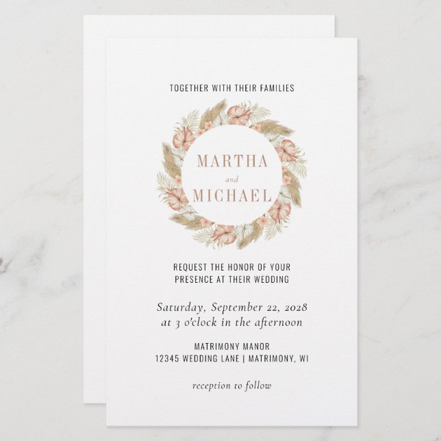 Minimal inbjudan till Boho-Blommigt-bröllop (Fram/baksida)