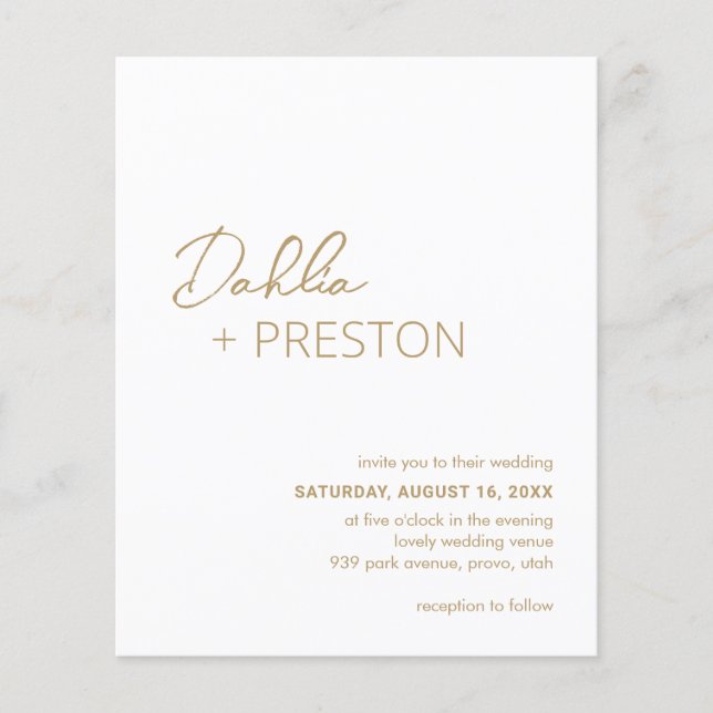 Minimal inbjudan till Guld Modern Budget Wedding (Framsida)