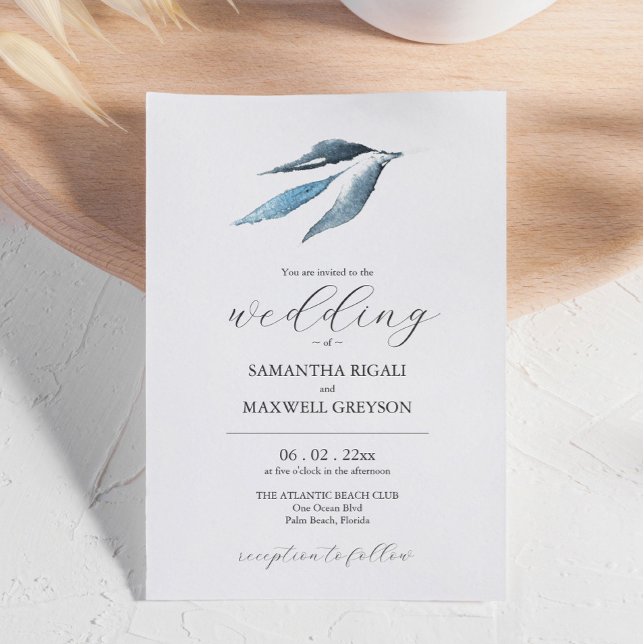 Minimal inbjudan till Löv Dusty Blue Wedding (Minimal Leaf Dusty Blue Wedding Invitation watercolor art by Victoria Grigaliunas of Do Tell A Belle)