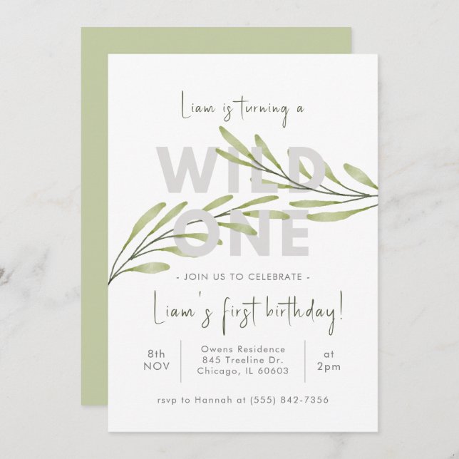 Minimal inbjudan till Wildblomdag-födelsedag (Fram/baksida)