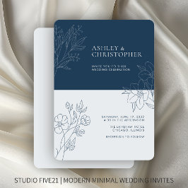 Minimal indigo Blue Foliage-kontur Bröllop Inbjudningar