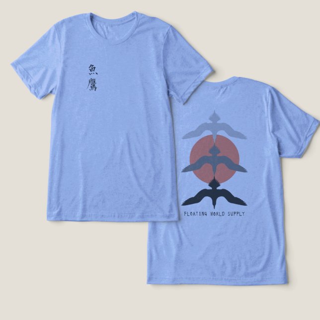 Minimal Japanese Fish Hawk Ukiyo-e Style Blue T Shirt (Design fram och bak)
