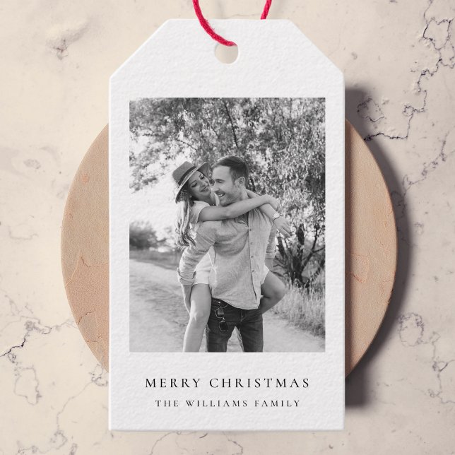 Minimal jul | Enkelt svartvitt foto Presentetikett (Modern photo gift tags with your own image and greeting for elegant holiday wrapping)