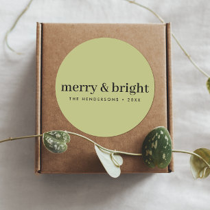 Minimal jul Merry och Bright Oliv grönt Runt Klistermärke