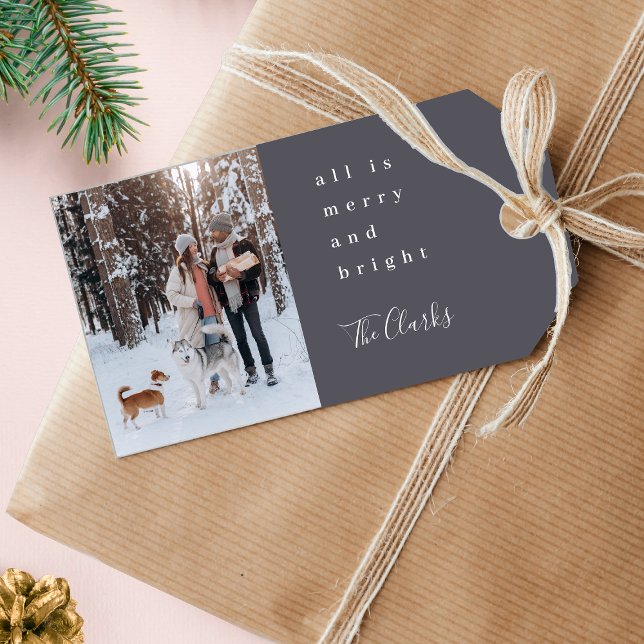 Minimal jul | Scandi Slate Grått Photo Presentetikett (Modern photo Christmas gift tags with slate gray Scandi style by Guava)