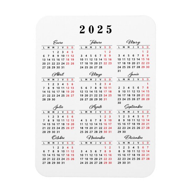 Minimal kalender 2023 i spansk vit svart röd magnet (Vertikal)