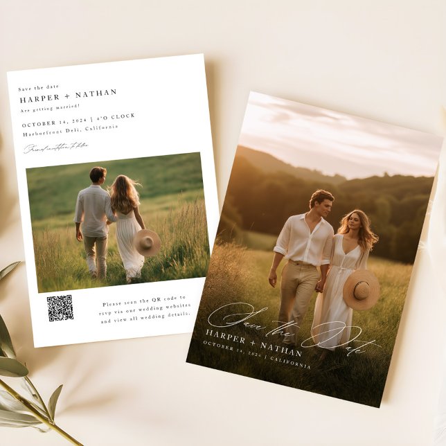 Minimal Kalligrafi Foto Bröllop QR-kod Spara Datumet (Skapare uppladdad)