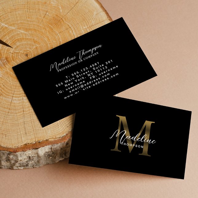 Minimal kalligrafi, svart metallisk Guld-monogram Visitkort (Skapare uppladdad)