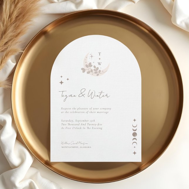 Minimal kelestial Holistic Boho Måne & Stars Arch Inbjudningar (Minimal Celestial Holistic Boho Moon & Stars Arch Invitation (Front))
