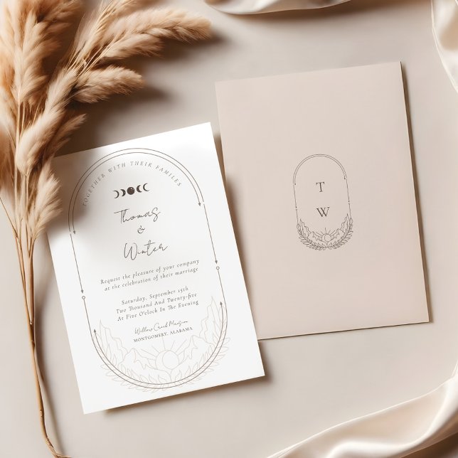 Minimal kelestial Måne och stjärnor Monogram Inbjudningar (Minimal Celestial Holistic Moon & Stars Monogram Invitation)