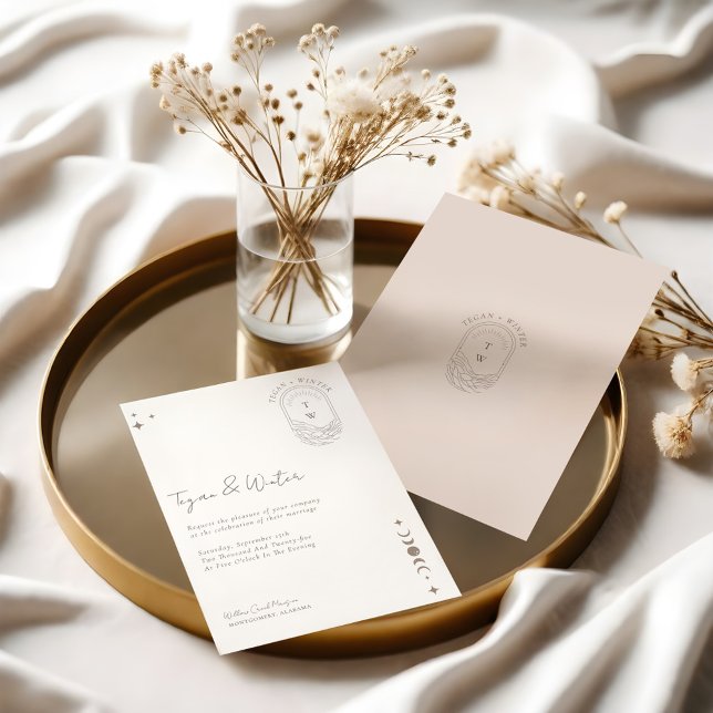 Minimal kelestial Måne och stjärnor Monogram Inbjudningar (Minimal Celestial Holistic Moon & Stars Monogram Invitation)