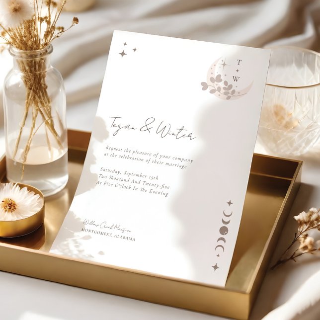 Minimal kelestial Måne och stjärnor Monogram Inbjudningar (Minimal Celestial Holistic Moon & Stars Monogram Invitation)