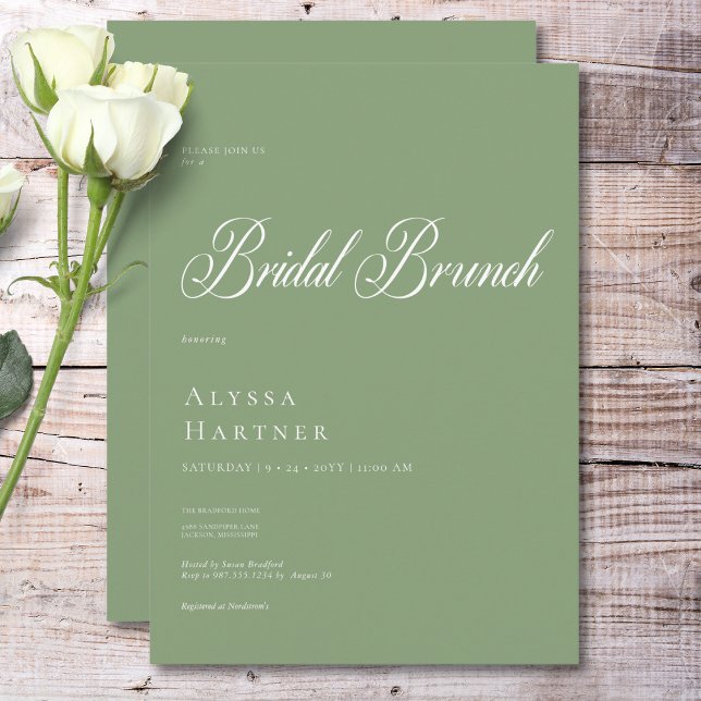 Minimal klassisk Grönt och vit Möhippa Brunch Inbjudningar (Minimal Classic Green & White Bridal Brunch Invitation)