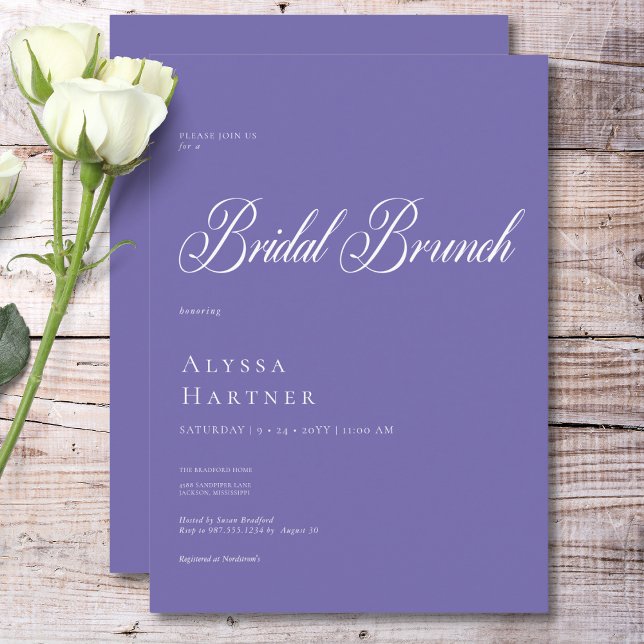 Minimal klassisk Lila & vit Möhippa Brunch Inbjudningar (Minimal Classic Purple & White Bridal Brunch Invitation)