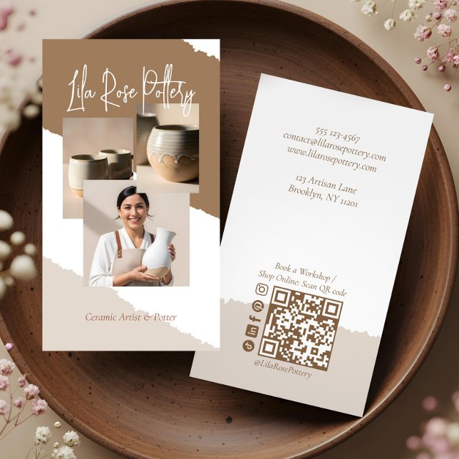 Minimal konstnärlig hantverks keramik fotokollage visitkort (Minimal Artistic Handmade Pottery Photo Collage Business Card)