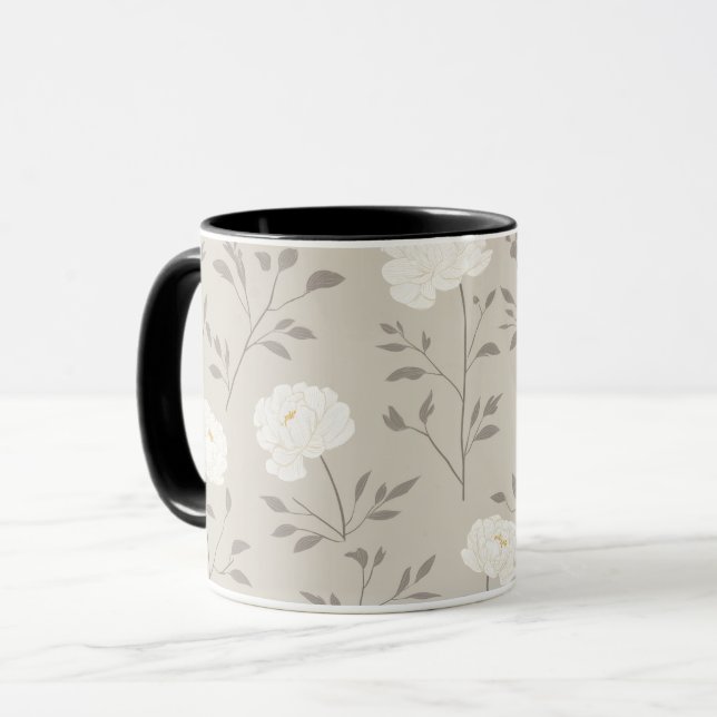 Minimal krämfärgad peony vit blommönster mugg (Framsida vänster)