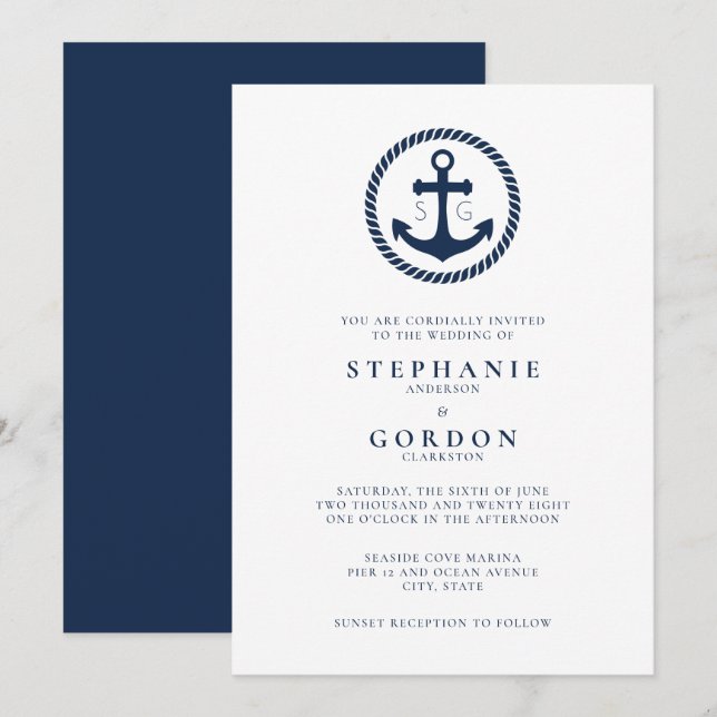 Minimal kustmonogram Nautical Bröllop Inbjudningar (Fram/baksida)