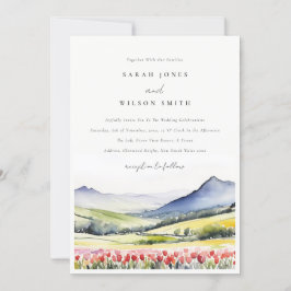 Minimal Land Vår Blommigt i liggande Bröllop i Inbjudningar
