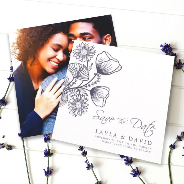 Minimal långivare för Blommigt spara datumfotokort Inbjudningar (Skapare uppladdad)