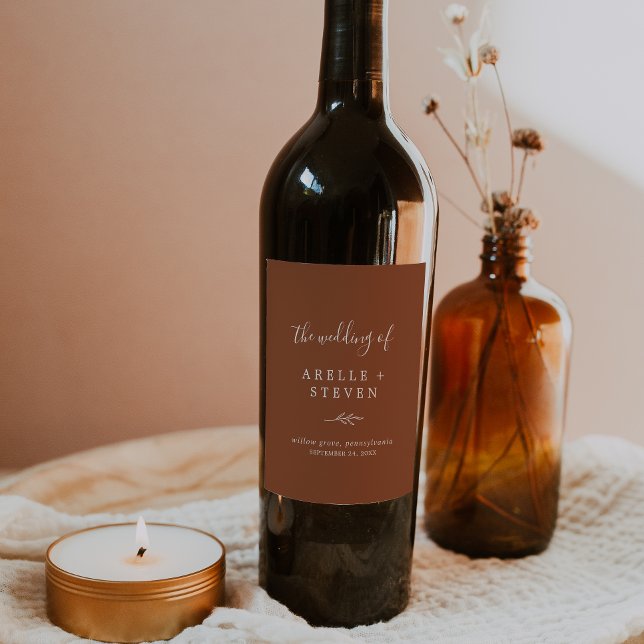 Minimal Leaf | Terracotta Wedding Wine Label Vinflaska Etikett (Skapare uppladdad)