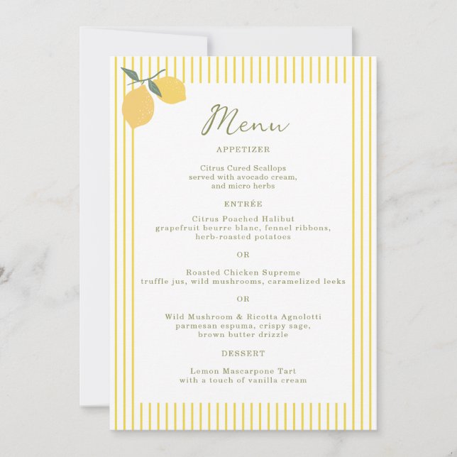 Minimal Lemon Amalfi Coast 5x7 Wedding Menu Card Inbjudningar (Framsida)