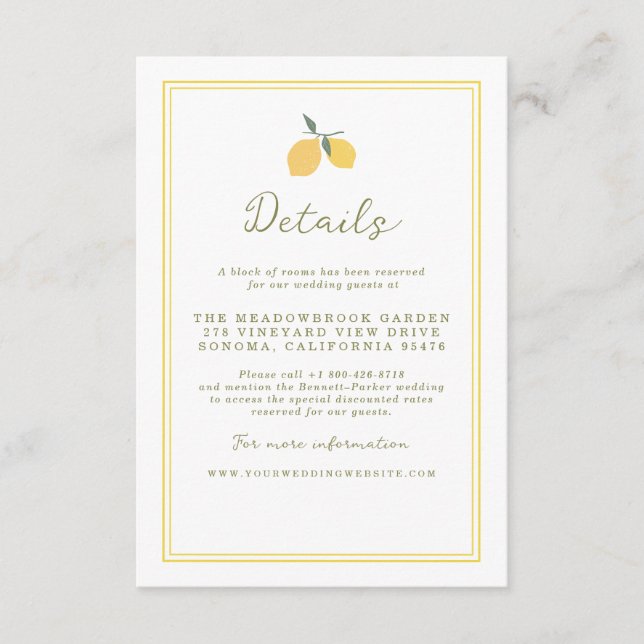Minimal Lemon Amalfi Coast Wedding Details Card Tilläggskort (Framsida)