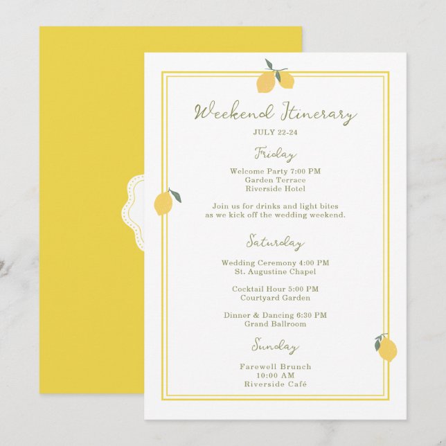 Minimal Lemon Amalfi Coast Wedding Itinerary Card Inbjudningar (Fram/baksida)