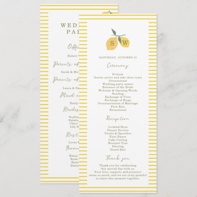 Minimal Lemon Amalfi Coast Wedding Program Card (Fram/baksida)