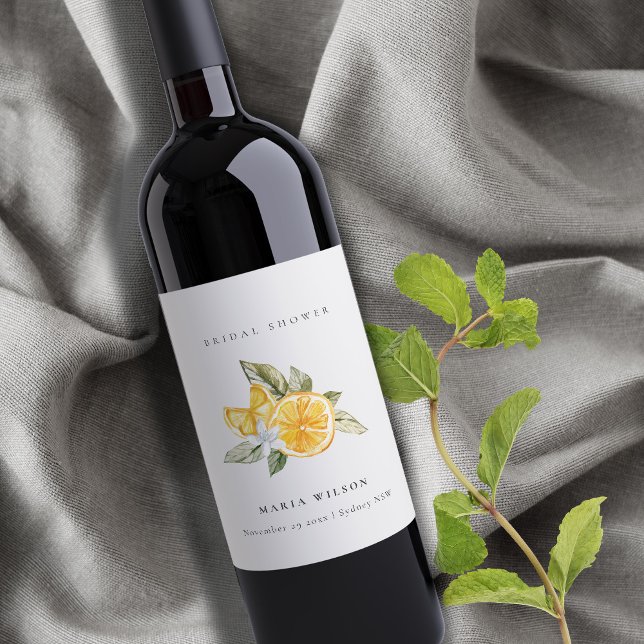 Minimal lemon botanisk lövrik boho bröllopsdusch vinflaska etikett (Skapare uppladdad)