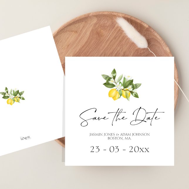 Minimal lemongrönska Spara datum Spara Datumet (Citrus Lemons and Greenery Summer Fruits Wedding Save The Date)