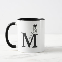 Minimal Letter M Mug with Elegant Girl Illustratio Mugg