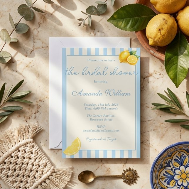 Minimal Light Blue Stripes Lemons bridal Shower Inbjudningar (Skapare uppladdad)
