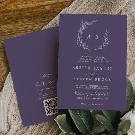 Minimal Lila för Löv Plum Monogram QR-kod Bröllop Inbjudningar