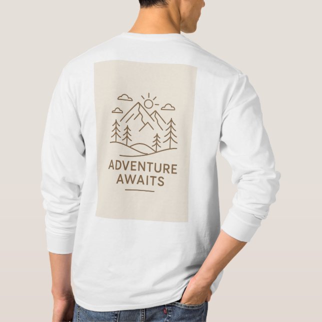 Minimal Line-Art “Adventure Awaits” T-shirt design (Baksida)
