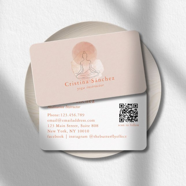 Minimal Line Art Woman Yoga Meditation QR Code Visitkort (Minimal Line Art Woman Yoga Meditation QR Code Business Card)