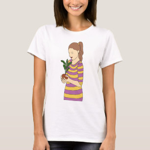 Minimal linjekonst av flicka med krukplanta t shirt