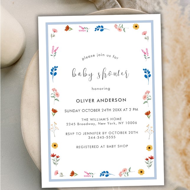 Minimal Little Wildblomme Ram Boy Shower Inbjudningar (Minimal Little Wildflower Frame Boy Baby Shower Invitation)